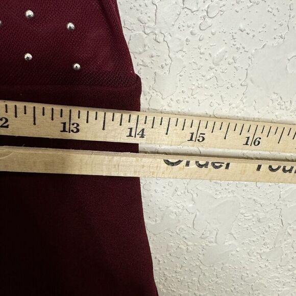 Iris‎ Burgundy Illusion Mesh Silver Studs Bodycon Sz M Hi Neck Jumpsuit NWT - Picture 11 of 14